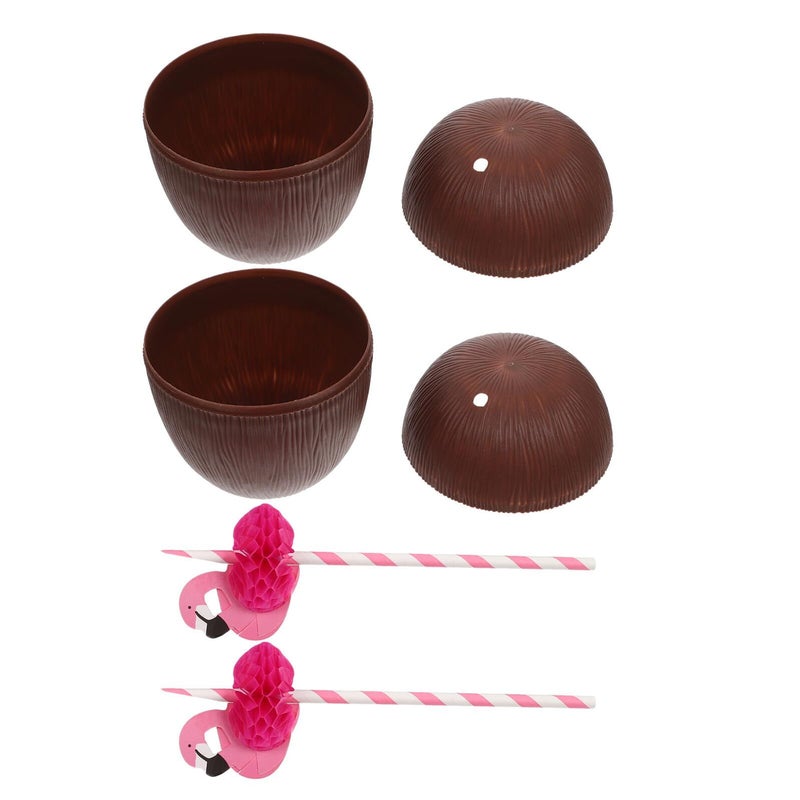 Beaupretty 2pcs Hawaii Coconut Drink Cups with Latex Straws Tropical Luau - Image 2