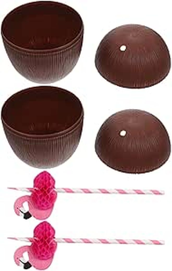 Beaupretty 2pcs Hawaii Coconut Drink Cups with Latex Straws Tropical Luau - Image 1