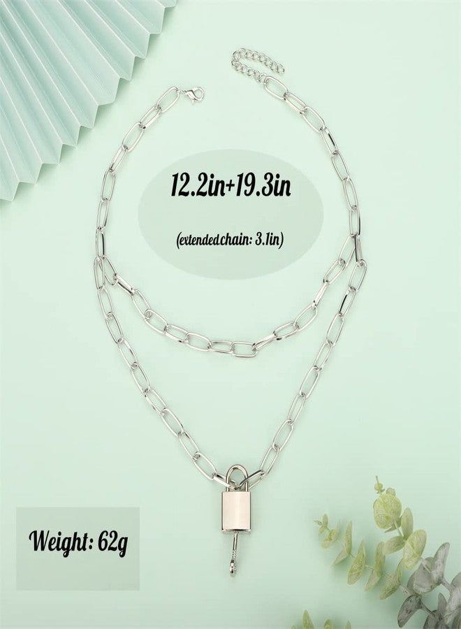 Aimimier Dainty layered Padlock Necklace with Key Silver Paperclip Link Chain Choker Pendant Minimalist Hiphop Jewelry for Women Men(Silver) - Image 4