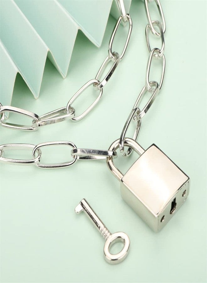 Aimimier Dainty layered Padlock Necklace with Key Silver Paperclip Link Chain Choker Pendant Minimalist Hiphop Jewelry for Women Men(Silver) - Image 5