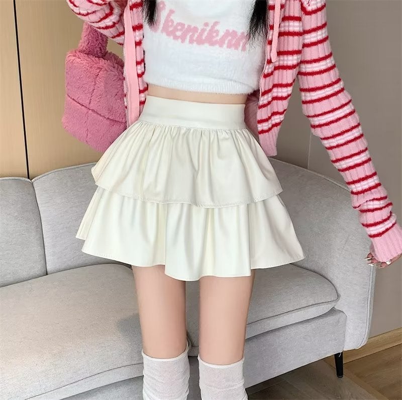 A- line skirt Womens Spring and Autumn Sweater 2023 new cake fluffy skirt high waist small leather skirt White [lined]] - Image 1