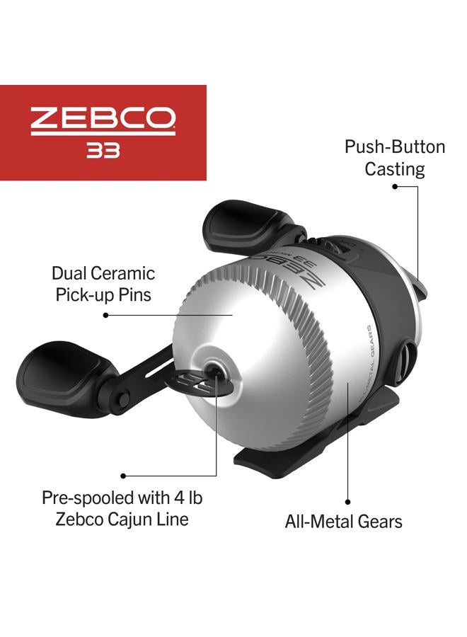 Zebco 33 Micro Spincast Fishing Reel, Size 10 Reel, Changeable Right- or Left-Hand Retrieve, Built-in Bite Alert, Pre-spooled with 4 lb Cajun Line, Silver/Black - Image 4