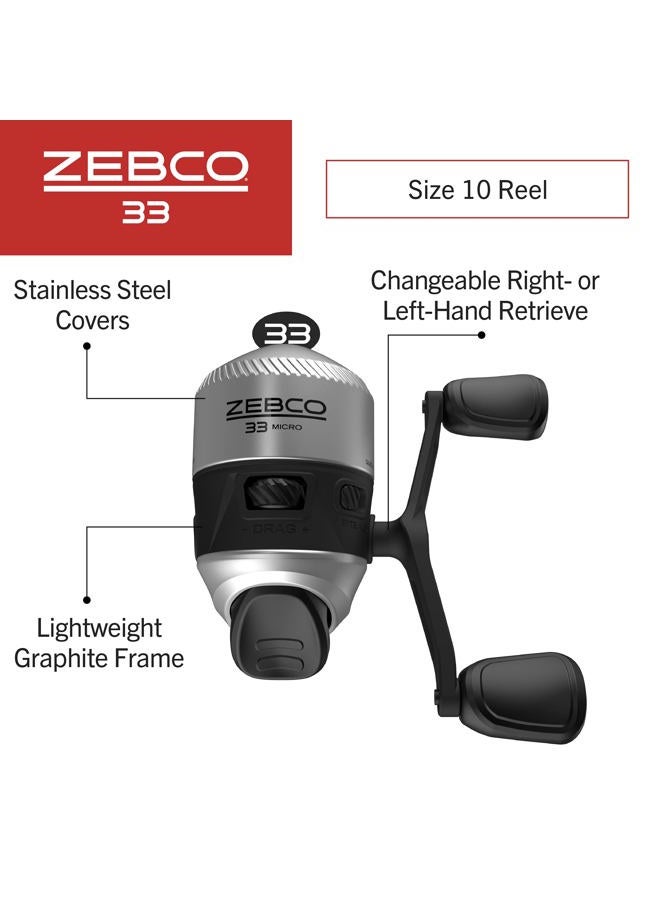 Zebco 33 Micro Spincast Fishing Reel, Size 10 Reel, Changeable Right- or Left-Hand Retrieve, Built-in Bite Alert, Pre-spooled with 4 lb Cajun Line, Silver/Black - Image 2