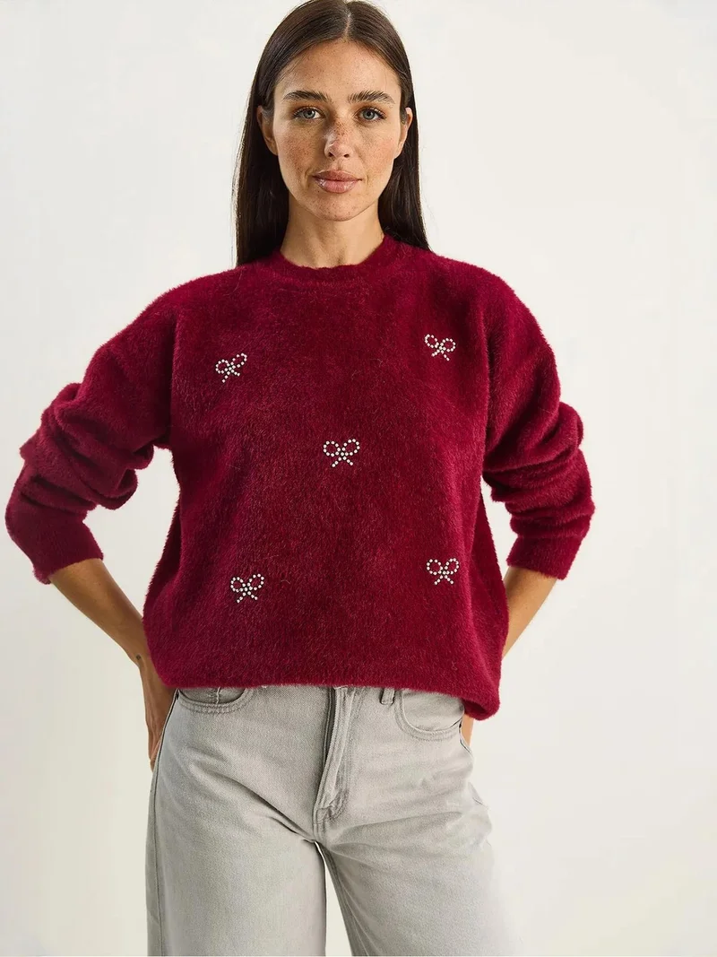 Bianco Lucci LUCCI Crew Neck Sweater with Bow Pattern
