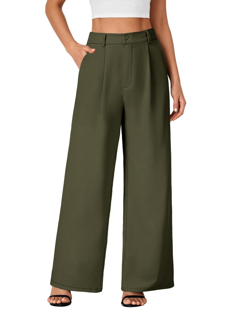 Rooscier Women's Wide Leg Pants High Elastic Waisted Business Work Trousers Long Straight Suit Pants Army Green Medium - Image 1