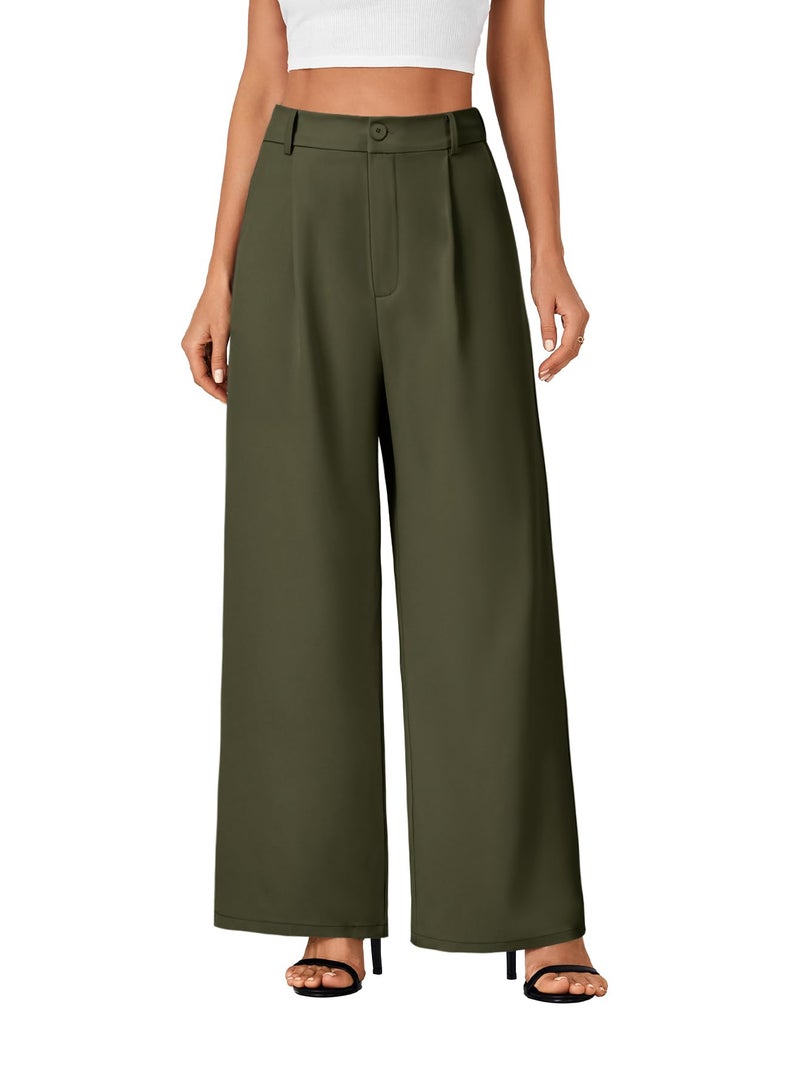 Rooscier Women's Wide Leg Pants High Elastic Waisted Business Work Trousers Long Straight Suit Pants Army Green Medium - Image 2