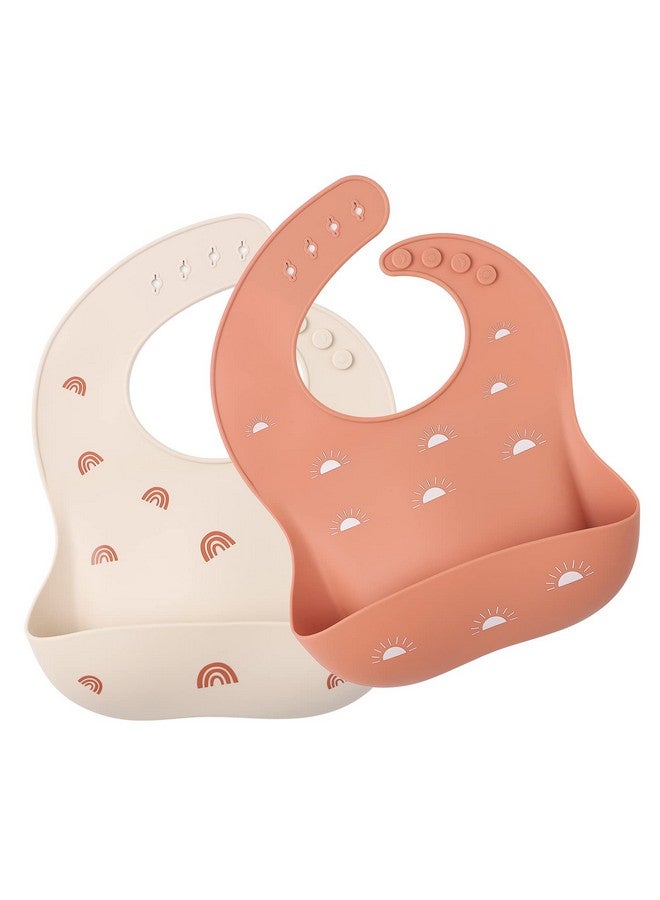 ROCCED Baby Silicone Bibs 2 Sets Baby Bibs with Food Catcher for Girls Boys Toddlers BPA Free Waterproof Soft Durable Adjustable for Babies-Shifting Sand/Pale Mauve - Image 1