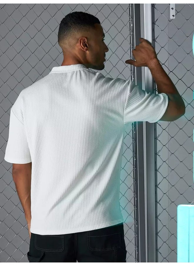 Maniac Mens Solid Round Neck 3/4th Sleeve White Seersucker CottonBlend Oversized T-Shirt  - Image 2