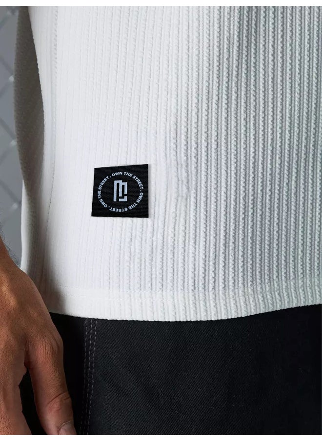 Maniac Mens Solid Round Neck 3/4th Sleeve White Seersucker CottonBlend Oversized T-Shirt  - Image 4