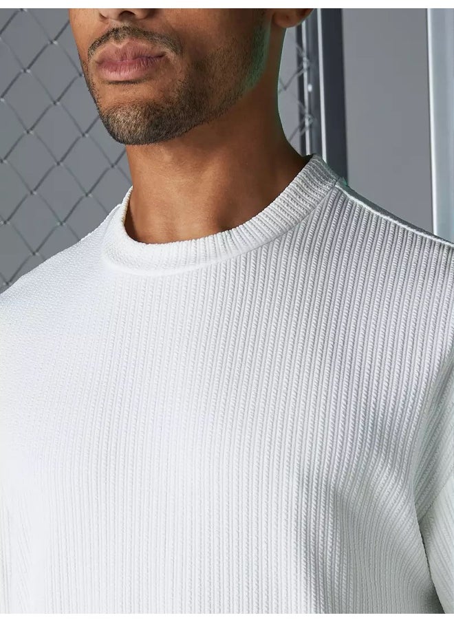 Maniac Mens Solid Round Neck 3/4th Sleeve White Seersucker CottonBlend Oversized T-Shirt  - Image 3
