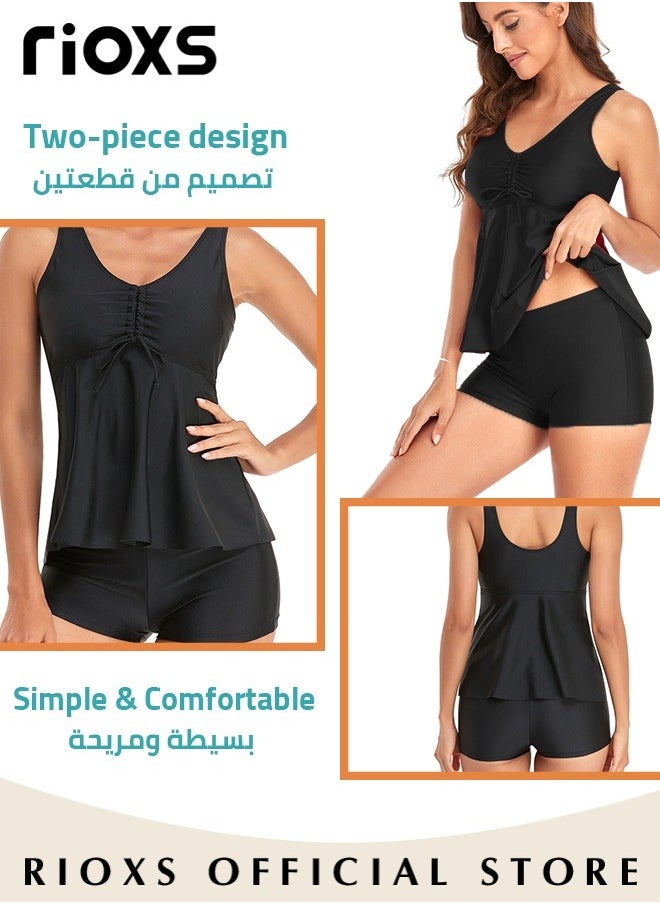 RIOXS - Womens Tankini Swimsuits Two Piece Tummy Control Bathing Suits Ruffle Swim Tank Top with Boy Shorts Swimwear, Split Style Beach Swimsuit - Image 1