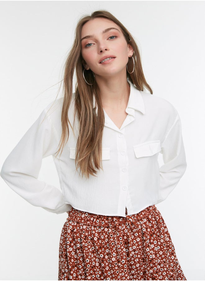 trendyol - Ecru Pocket Detailed Crop Aerobin Regular Normal Fit Woven Shirt TWOSS22GO0715 - Image 1