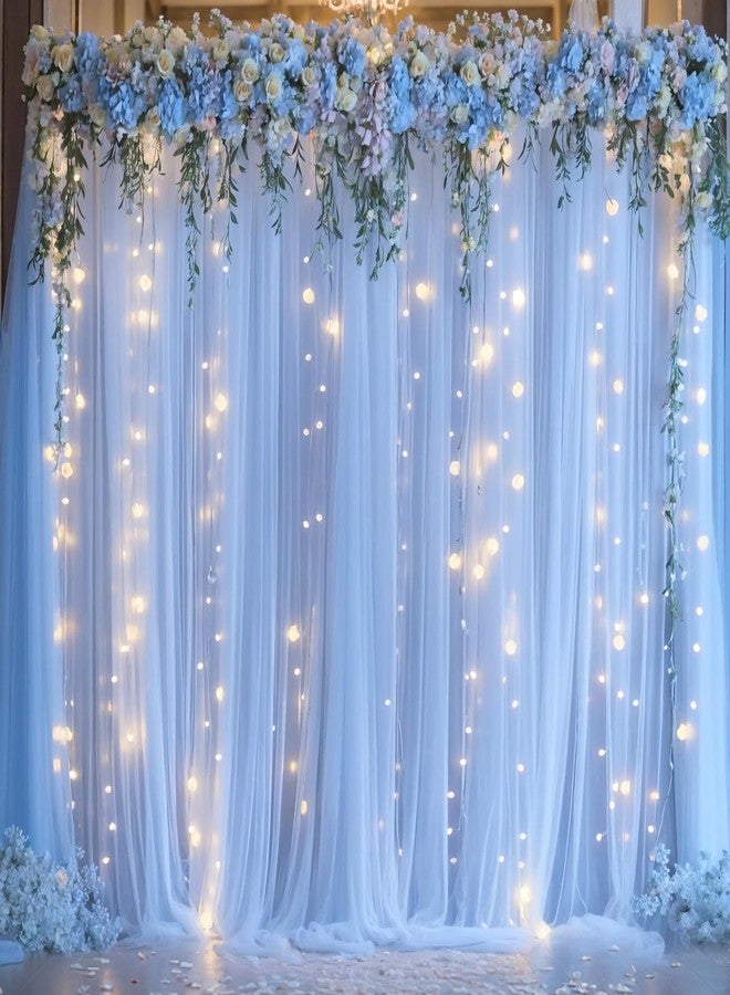 Suppromo 10ft x 10ft Baby Blue Tulle Photo Backdrop Curtain with Lights String for Parties Wedding Sheer Blue Curtain Backdrop for Birthday Party Baby Shower Boy Photo Booth Photography Background Decorations - Image 1