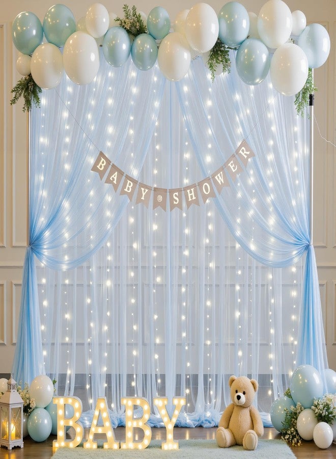 Suppromo 10ft x 10ft Baby Blue Tulle Photo Backdrop Curtain with Lights String for Parties Wedding Sheer Blue Curtain Backdrop for Birthday Party Baby Shower Boy Photo Booth Photography Background Decorations - Image 2