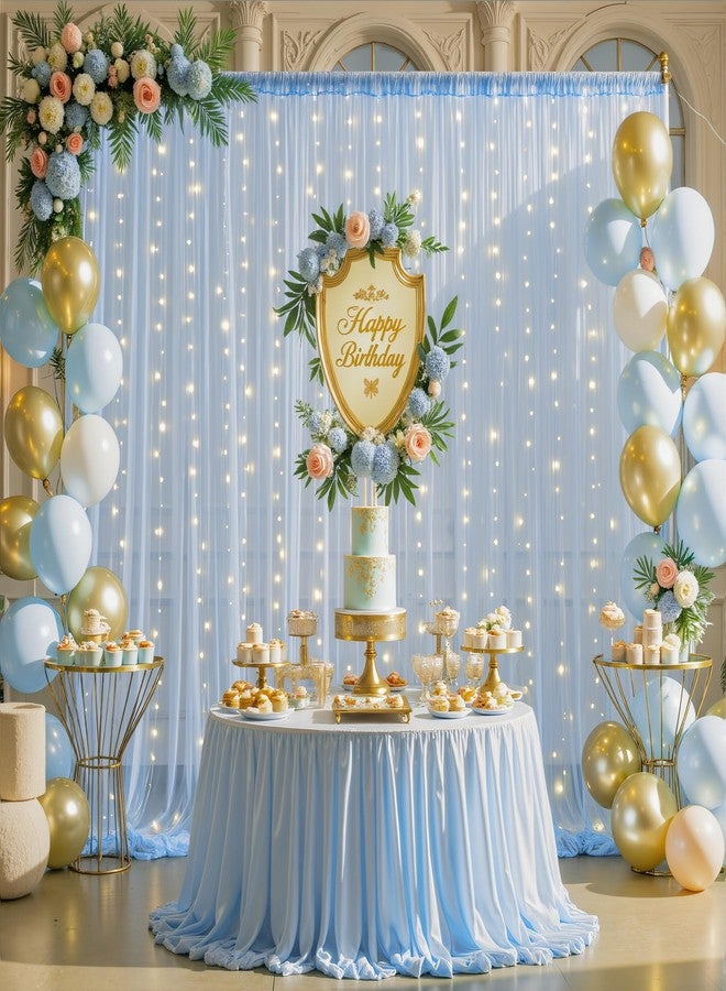 Suppromo 10ft x 10ft Baby Blue Tulle Photo Backdrop Curtain with Lights String for Parties Wedding Sheer Blue Curtain Backdrop for Birthday Party Baby Shower Boy Photo Booth Photography Background Decorations - Image 3