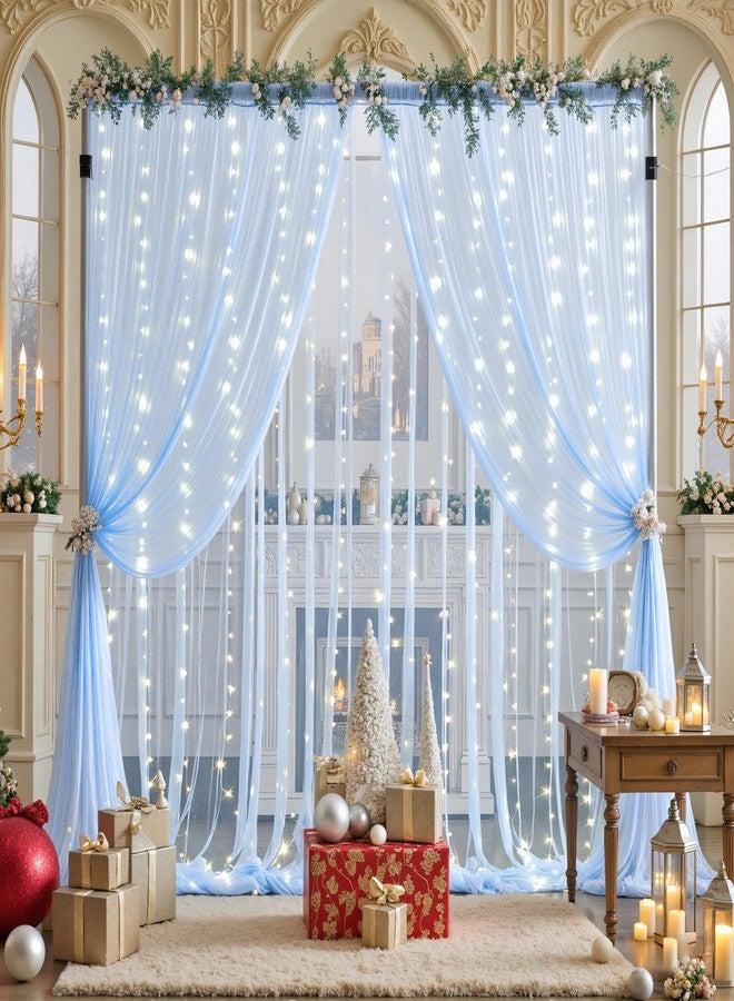 Suppromo 10ft x 10ft Baby Blue Tulle Photo Backdrop Curtain with Lights String for Parties Wedding Sheer Blue Curtain Backdrop for Birthday Party Baby Shower Boy Photo Booth Photography Background Decorations - Image 5