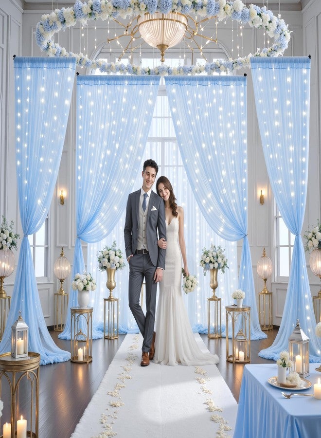 Suppromo 10ft x 10ft Baby Blue Tulle Photo Backdrop Curtain with Lights String for Parties Wedding Sheer Blue Curtain Backdrop for Birthday Party Baby Shower Boy Photo Booth Photography Background Decorations - Image 4