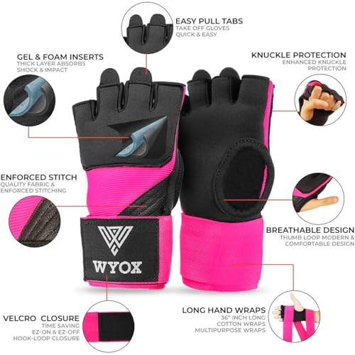 WYOX Gel Boxing Hand Wraps Inner Gloves for Men & Women, 80cm Quick Wrist Straps, Padded Knuckle Protection for Muay Thai Kickboxing, Hand Wraps for Boxing & Martial Arts (Pink, XS) - Image 2