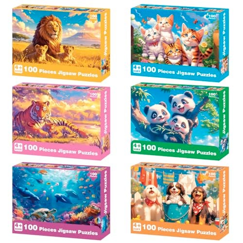 Yigney 100 Piece Puzzles for Kids Ages 46 68 810 Year Old Lions Cats Pandas Tigers Dogs Turtles 6Pack Jigsaw Puzzles for Kids Learning Educational Toys for Boys and Girls - Image 1