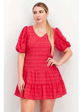 French Connection Women V-Neck Puffed Sleeve Grid Pattern Mini Dress, Fuchsia  - Image 1