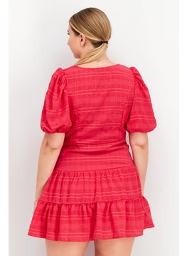 French Connection Women V-Neck Puffed Sleeve Grid Pattern Mini Dress, Fuchsia  - Image 4