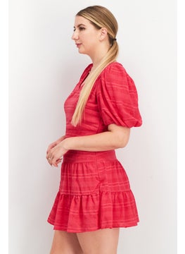 French Connection Women V-Neck Puffed Sleeve Grid Pattern Mini Dress, Fuchsia  - Image 2