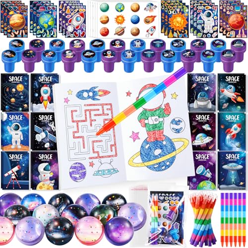 BenLouis 168Pcs Outer Space Themed Party Favors Space Alien Coloring Books Crayons Sticker Stampers Set Bulk Classroom Prizes for Kids Astronaut Planet Birthday Party Goodie Bags Fillers - Image 1