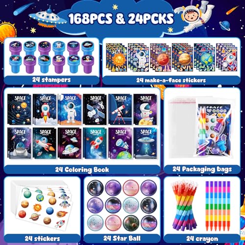 BenLouis 168Pcs Outer Space Themed Party Favors Space Alien Coloring Books Crayons Sticker Stampers Set Bulk Classroom Prizes for Kids Astronaut Planet Birthday Party Goodie Bags Fillers - Image 5