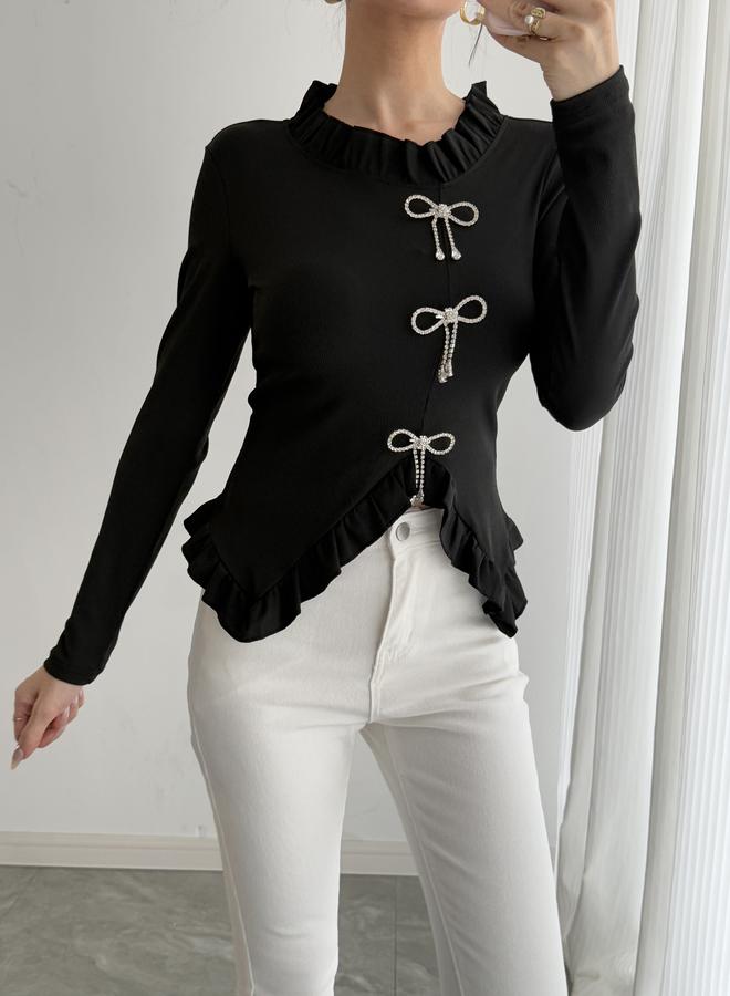 تايك تو بلوزة بحافة متموجة وزينة فيونكة مرصعة - Image 5