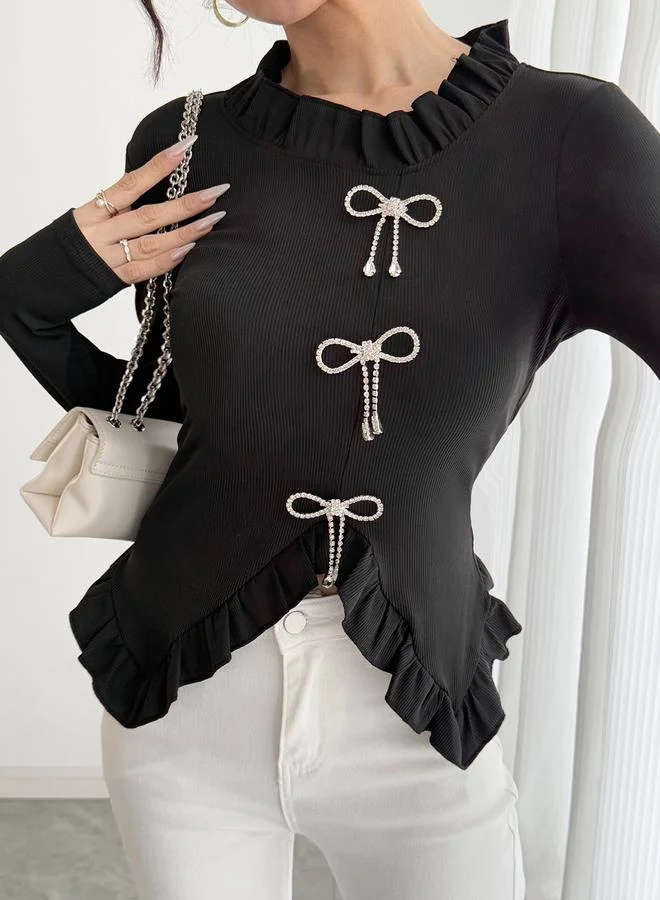 Take Two Take Two Flounced Detail Rhinestone Bow Detail Slit Hem Top