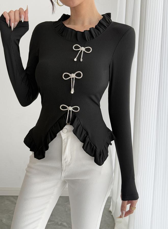 تايك تو بلوزة بحافة متموجة وزينة فيونكة مرصعة - Image 4