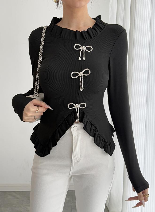 تايك تو بلوزة بحافة متموجة وزينة فيونكة مرصعة - Image 2