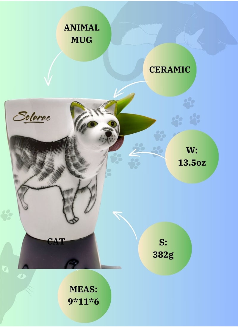 SOLARAE - Animal 3D Shape Hand Painted Ceramic 450 ML Coffee Mugs w/ Assorted Printed Animal Character Good for Tea, Coffee, Milk, Ideal Gift for Kids, Teenagers, Man & Woman (CAT) - Image 1