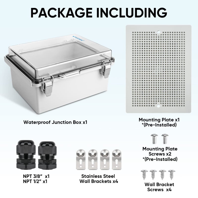 TICONN Waterproof Electrical Junction Box IP67 ABS Plastic Enclosure with Hinged Cover with Mounting Plate, Wall Brackets, Cable Glands (Clear, 8.7"x6.7"x4.3") - Image 5