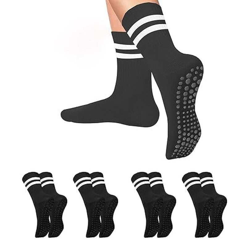 Yoga Anti-Slip Socks – Black, 4 Pairs, with Grips, Toeless, for Pilates, Barre
