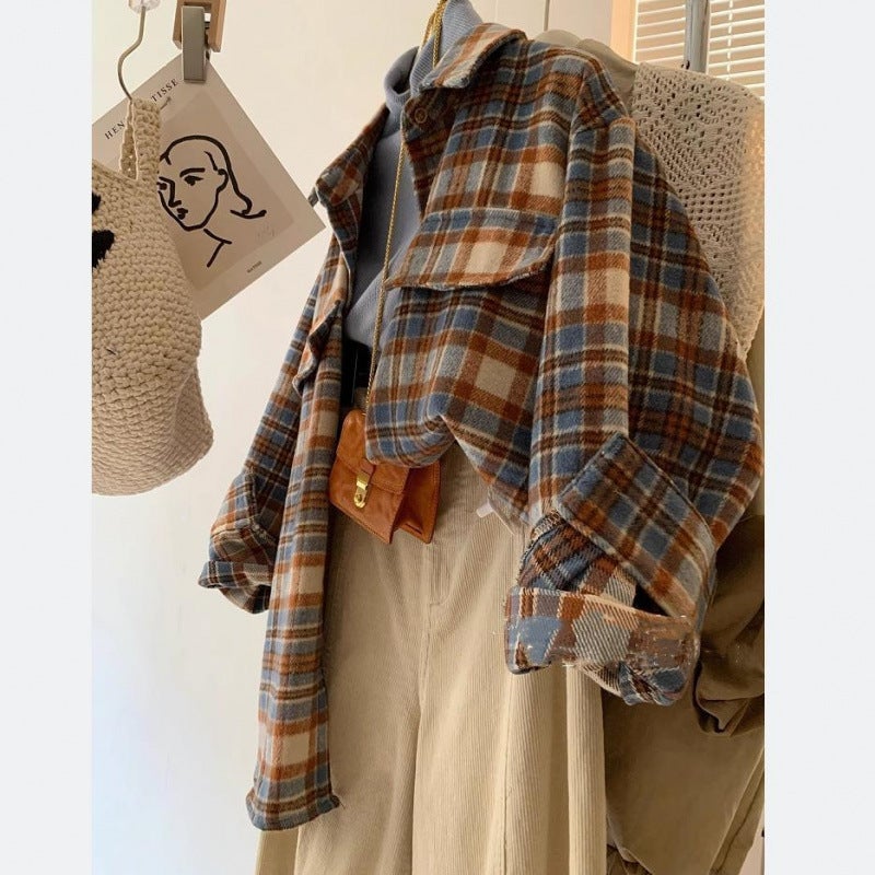 Chic Color-Block Plaid Wool Shirt for Women Blue plaid [follow the store to receive small gifts] 