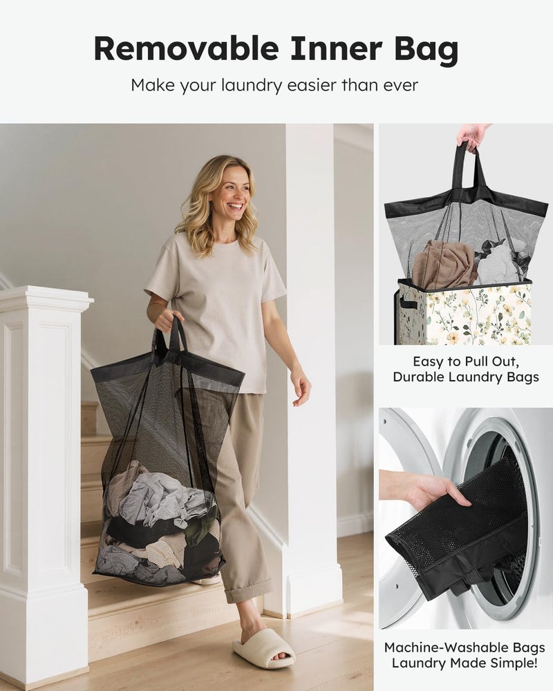 SOLEDI Laundry Hamper with Lid, 90L Tall & Large Floral Laundry Basket, Collapsible Clothes Hamper with Removable Bag, Dirty Hampers for Bedroom, Bathroom, Laundry Room - Image 4