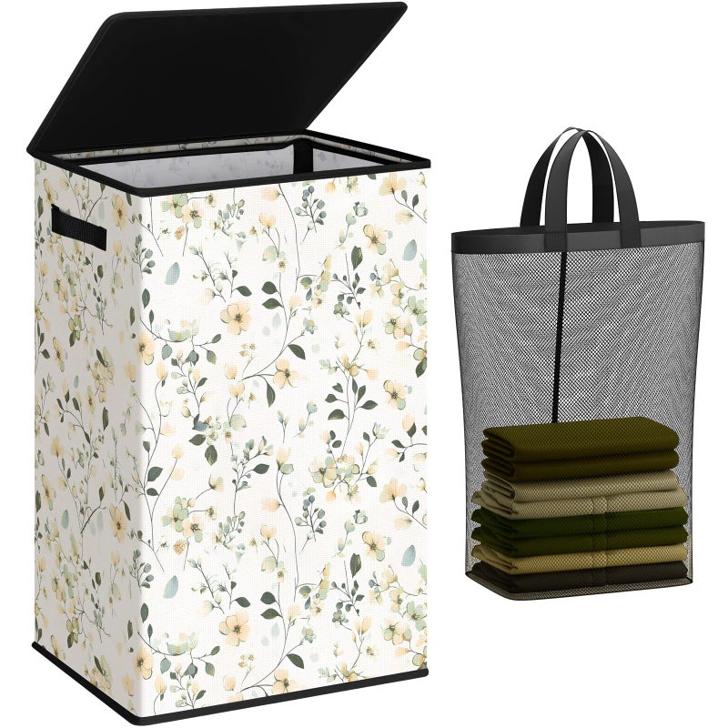 SOLEDI Laundry Hamper with Lid, 90L Tall & Large Floral Laundry Basket, Collapsible Clothes Hamper with Removable Bag, Dirty Hampers for Bedroom, Bathroom, Laundry Room - Image 1