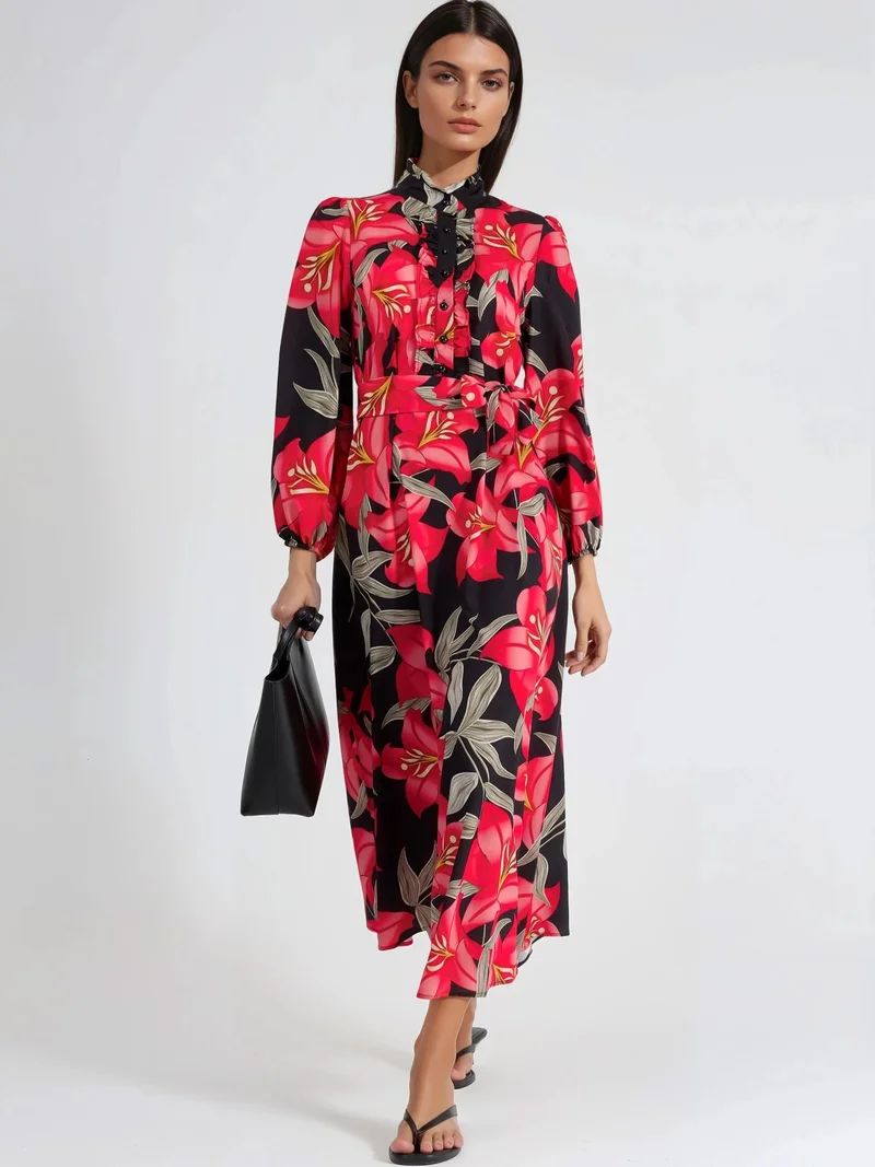 جينيفر Floral Maxi Dress with Tie Detail
