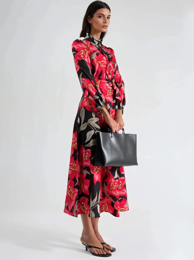 جينيفر Floral Maxi Dress with Tie Detail