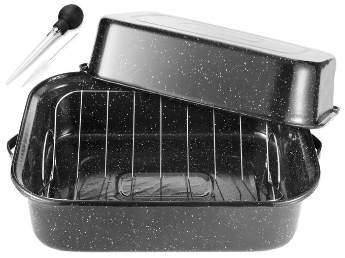 ROASTING PAN WITH LID AND RACK 21 RECTANGULAR 25LB TURKEY ROASTER POT LARGE OVEN ROASTER TRAY VRACK AND VERSATILE LID BONE TURKEY BASTER