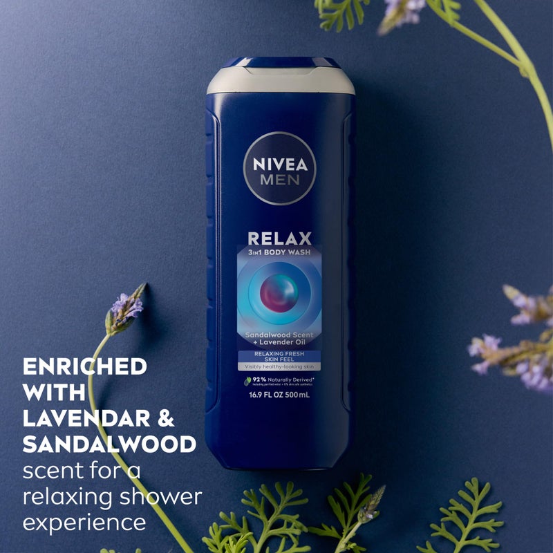 NIVEA Men Relax Body Wash, Lavender and Sandalwood Scent, 3-in-1 Men's Body Wash, Face and Hair, Paraben Free, Vegan Formula, pH-Skin Friendly, 16.9 Fl Oz Bottle, Pack of 3 - Image 3