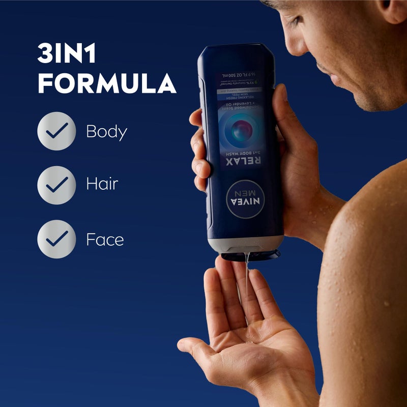 NIVEA Men Relax Body Wash, Lavender and Sandalwood Scent, 3-in-1 Men's Body Wash, Face and Hair, Paraben Free, Vegan Formula, pH-Skin Friendly, 16.9 Fl Oz Bottle, Pack of 3 - Image 2