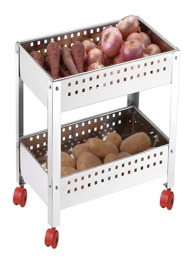 MYPS Stainless Steel 2 Layer Multipurpose Folding Fruit and Vegetable Trolley for Kitchen Storage Organizer Stand with Wheel - Image 1