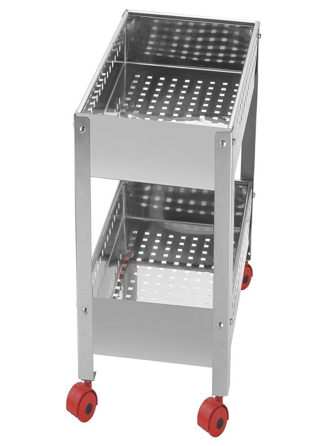 MYPS Stainless Steel 2 Layer Multipurpose Folding Fruit and Vegetable Trolley for Kitchen Storage Organizer Stand with Wheel - Image 2