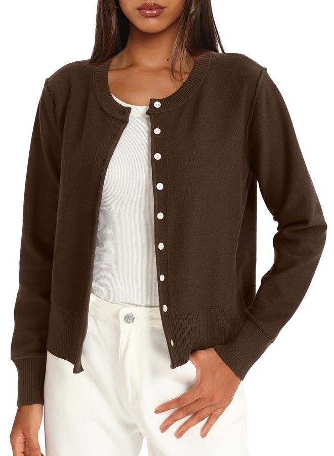 Darong Womens Casual Cropped Cardigan Lightweight Button Down Long Sleeve Knit Sweater Fall Outfit Top, Deep Brown, M - Image 5