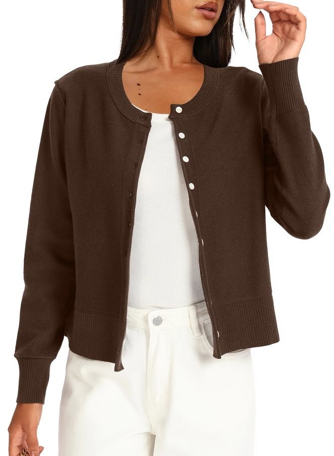 Darong Womens Casual Cropped Cardigan Lightweight Button Down Long Sleeve Knit Sweater Fall Outfit Top, Deep Brown, M - Image 3