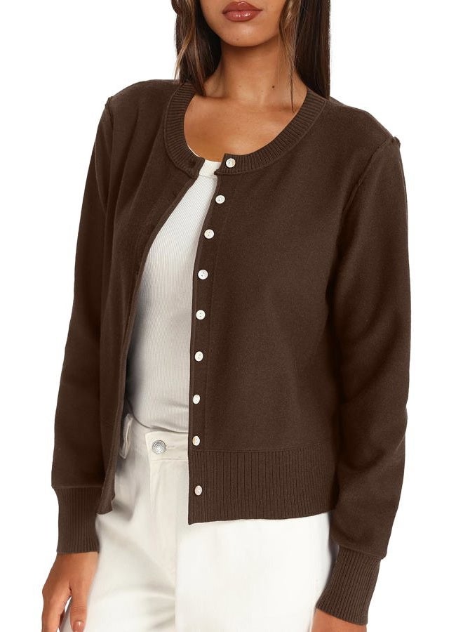 Darong Womens Casual Cropped Cardigan Lightweight Button Down Long Sleeve Knit Sweater Fall Outfit Top, Deep Brown, M - Image 4
