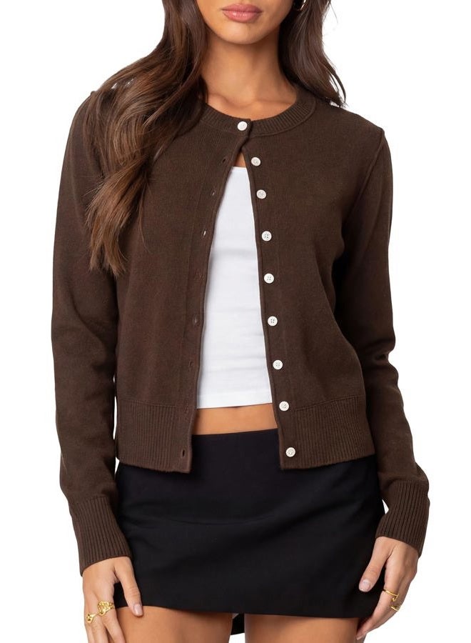 Darong Womens Casual Cropped Cardigan Lightweight Button Down Long Sleeve Knit Sweater Fall Outfit Top, Deep Brown, M - Image 1