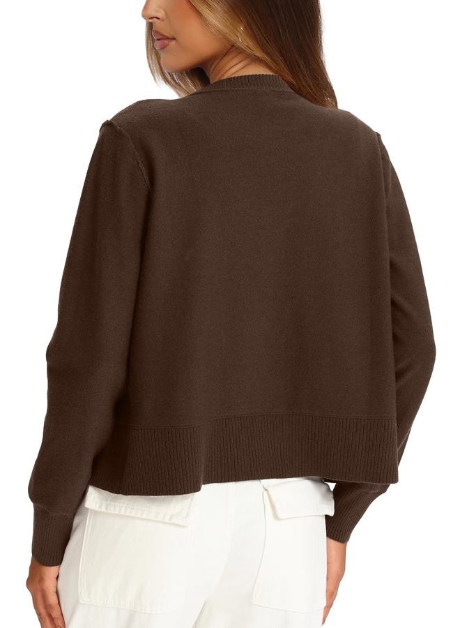 Darong Womens Casual Cropped Cardigan Lightweight Button Down Long Sleeve Knit Sweater Fall Outfit Top, Deep Brown, M - Image 2